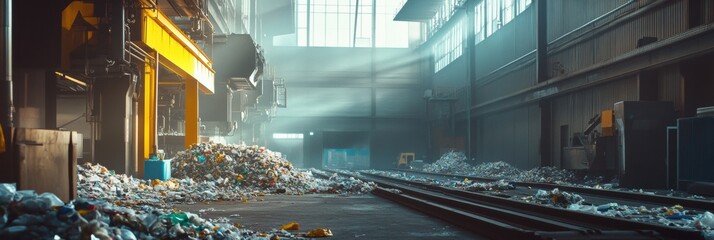 Recycling plant showcasing conveyor belts and sorted waste in an industrial setting with ample space for text. Generative AI