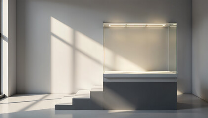 empty blank glass display case in museum. Artifact exhibition event