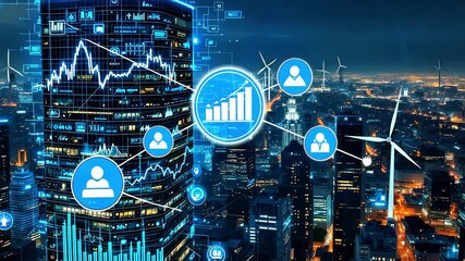 Futuristic city skyline at night showcasing data analytics with graphs and wind turbines in view - Powered by Adobe
