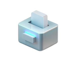 A modern and sleek holographic 3D printer icon, isolated on white background, showcasing a unique design with a metallic finish. A futuristic representation of printing technology and innovation.