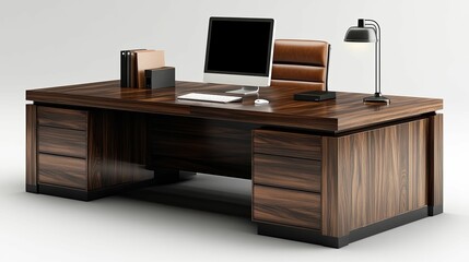 Modern Executive Office Desk with Computer and Lamp