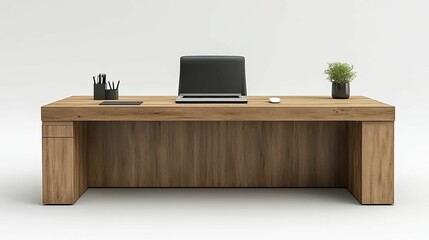 Modern Wooden Office Desk With Laptop And Plant