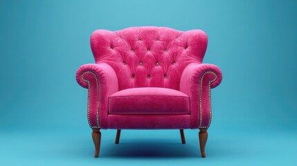 Pink tufted armchair on teal backdrop