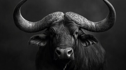 Naklejka premium Monochrome Closeup Of A Majestic Cape Buffalo. Wildlife Portrait With Striking Details.