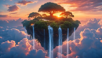 Enchanted Floating Island at Sunset: A Dreamlike Paradise