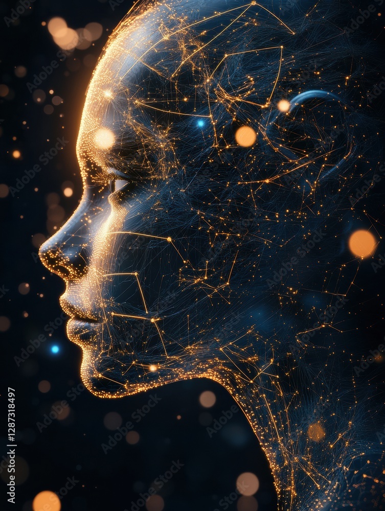 Poster Complex neural connections and glowing synapses fill a human head profile, highlighting the intricacies of artificial intelligence and cybernetics