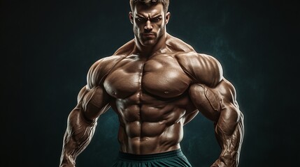 Fototapeta premium Muscular Man Flexing. Powerful Physique With Defined Abs And Strong Arms On Dark Background. Fitness And Bodybuilding Concept.