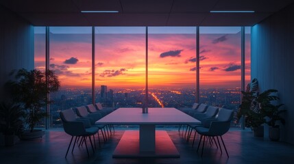 Fototapeta premium Modern conference room with a stunning city sunset view