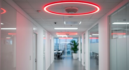 Modern ceiling mounted smoke detector in a bright office hallway during daytime
