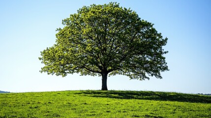 Fototapeta premium Solitary lush green tree on gentle hill under clear blue sky in vibrant natural landscape