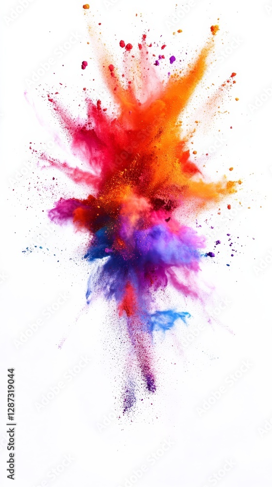 Poster Explosive burst of vibrant colorful powder on white background, dynamic abstract art. Creative expression and color explosion concept
