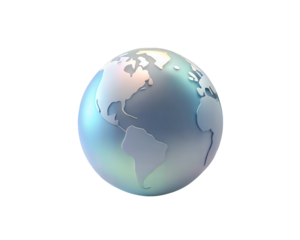 A modern holographic 3D globe icon with world map contours, isolated on white background, ideal for global, international, and technology-related content.