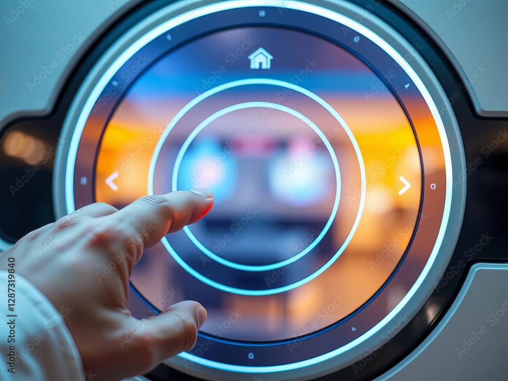 Aufkleber a person interacts with a circular touchscreen to activate a smart home automation assistant, conven