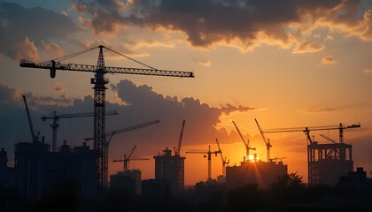 Construction Site at Sunset &ndash; A dramatic scene with silhouetted cranes and buildings against a warm, colorful sunset.