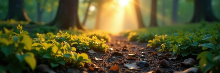 A bunny's paw prints on a misty forest floor at dawn, misty forest, morning