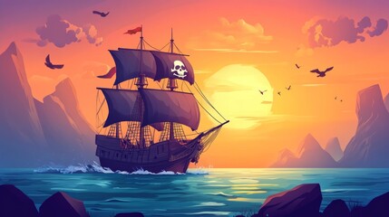 Naklejka premium Pirate Ship Sailing At Sunset, Vector Art. Adventure On The High Seas.