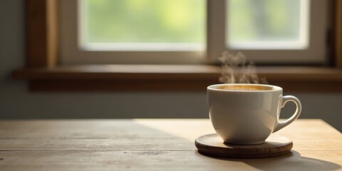Aromatic Steam Rising From a White Mug of Coffee on a Wooden Table by a Sunlit Window