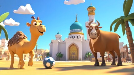 Naklejka premium Cartoon camel and ox near mosque, playing soccer