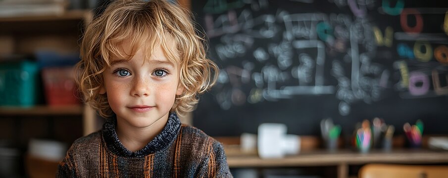 a focused pupil in a classroom, learning letters and numbers near a blackboard, embodying the essence early education.