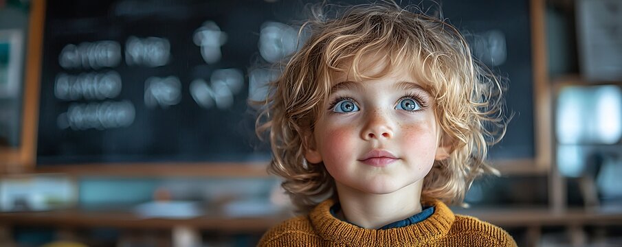 a focused pupil in a classroom, learning letters and numbers near a blackboard, embodying the essence early education.