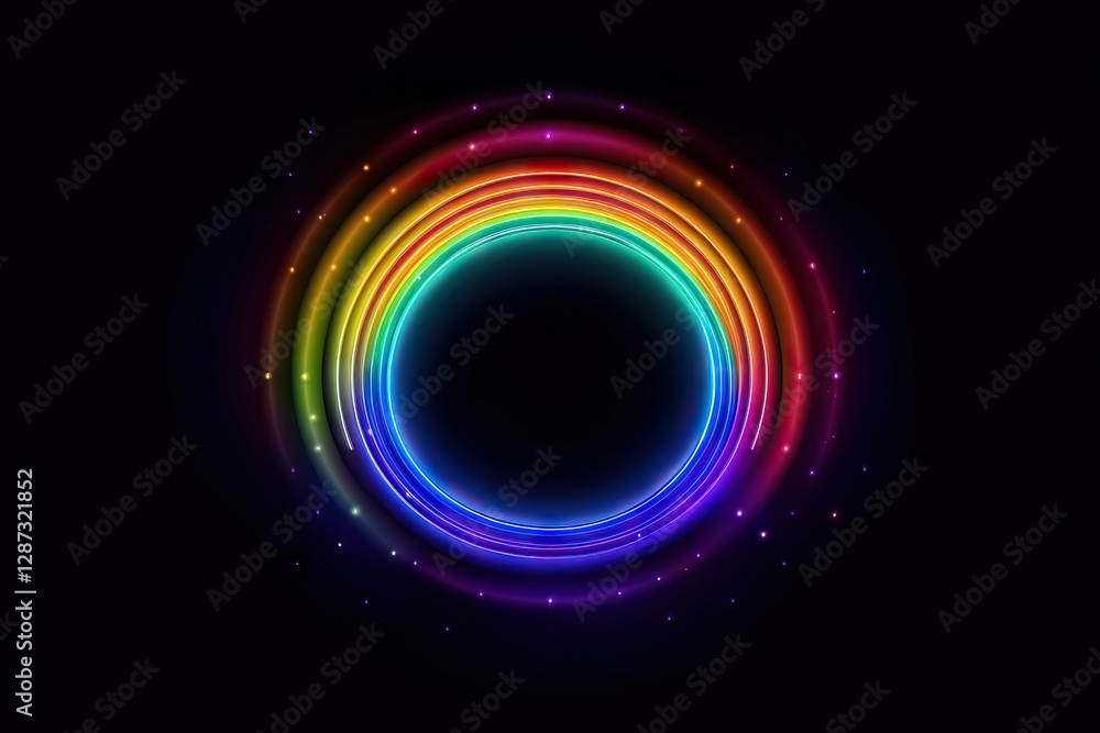 Poster glowing rainbow neon circle ring with sparkles on black background. abstract colorful light effect w