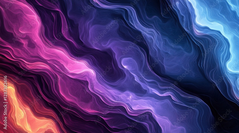 Poster vibrant swirling abstract art depicting colorful waves in deep blue and purple tones under a dark ba