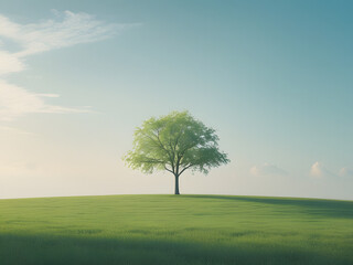 Obraz premium lonely tree in a vast open green field minimalist concept