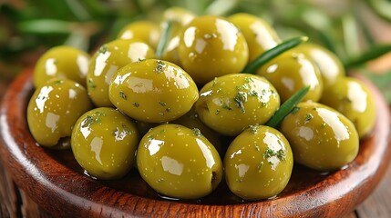 Gourmet Green Olives in Wooden Bowl