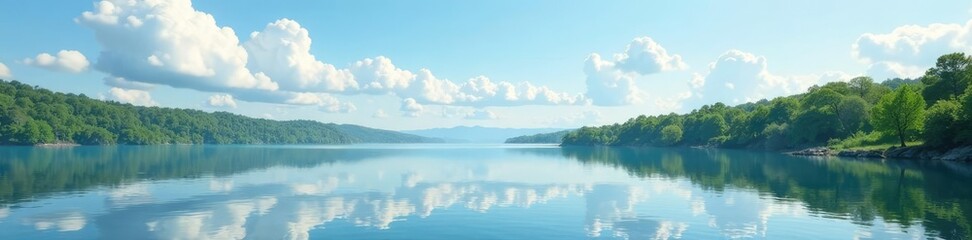 Obraz premium Gentle breeze blowing across a peaceful lake with puffy clouds, wind, landscape, serene