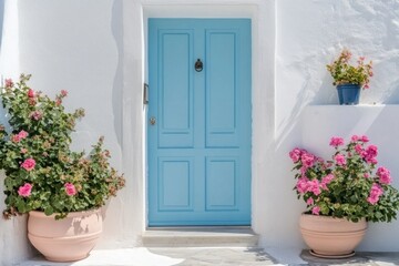 A cheerful blue door stands at the entrance of a white-walled house, surrounded by vibrant pink flowers and potted plants in a sunny courtyard