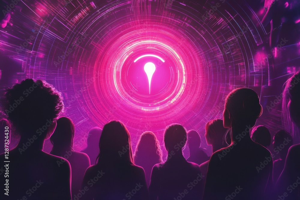 Poster empowering women on womens day with a glowing symbol and diverse silhouettes representing unity and 