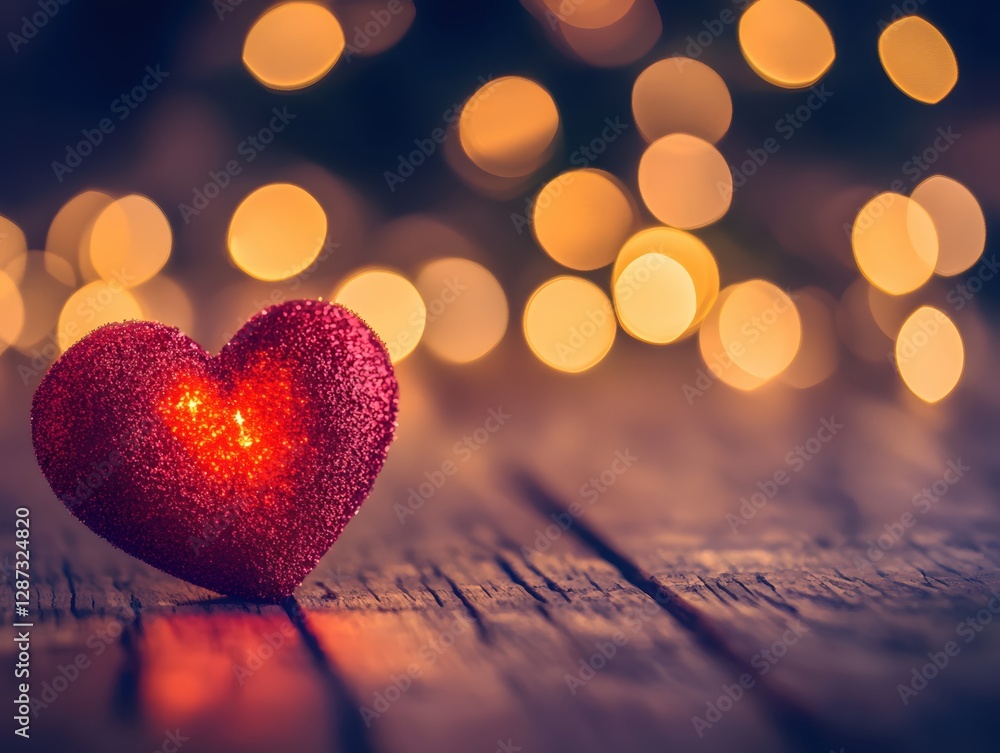 Poster romantic red heart on rustic wood with bokeh lights creating a warm and loving atmosphere