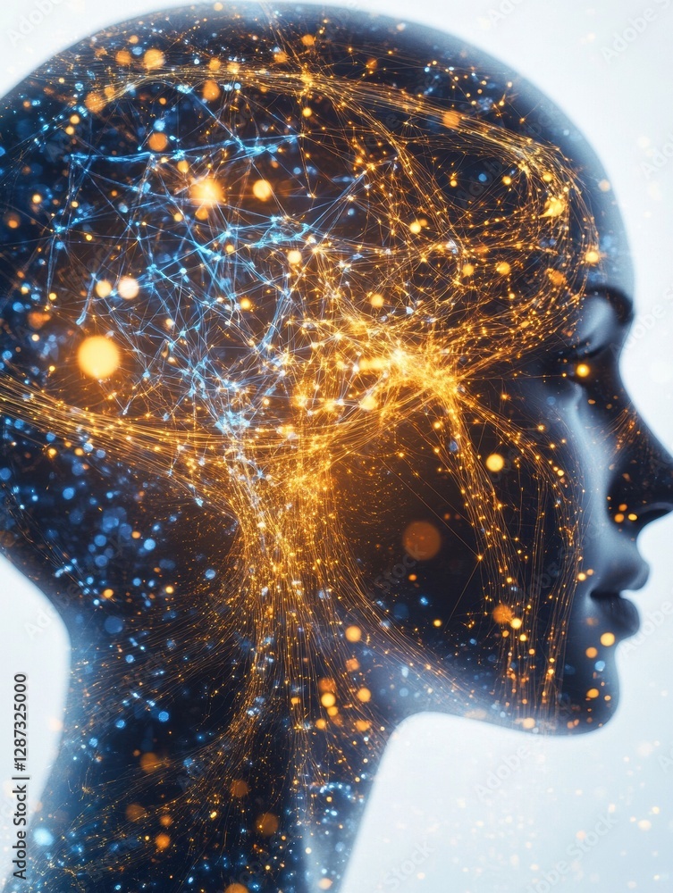 Poster Complex neural connections and glowing synapses illustrate artificial intelligence within a human profile silhouette. Generative AI