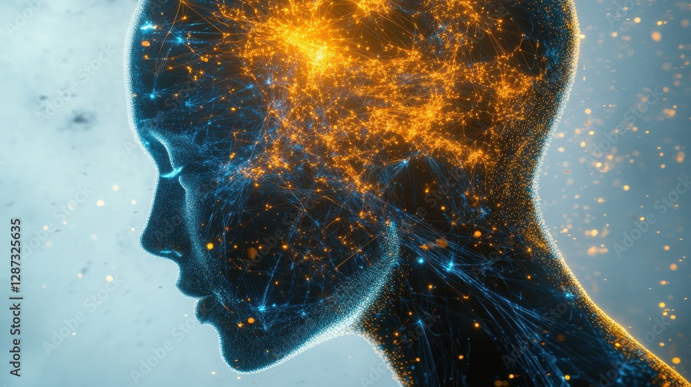 Leinwandbilder Profile view of a human head with glowing synapses showcasing the complexity of artificial intelligence and neural networks. Generative AI