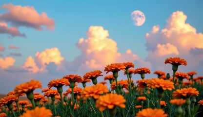 Obraz premium A captivating twilight scene unfolds across a field of vibrant orange marigold flowers, their petals aglow in the soft, fading light.