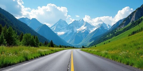 Naklejka premium Asphalt ribbon unwinding through verdant meadows towards majestic snow-capped peaks under a vibrant sky.