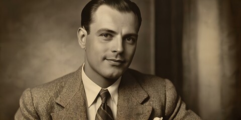 Obraz premium Elegant Vintage Business Man Portrait in Classic Suit Fashion Sepia Style