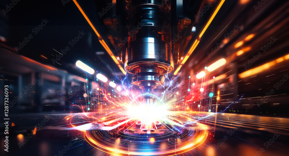 Aufkleber An industrial machine precisely cuts metal, creating bright sparks in a dark factory setting with blurred motion, showcasing advanced manufacturing technology.