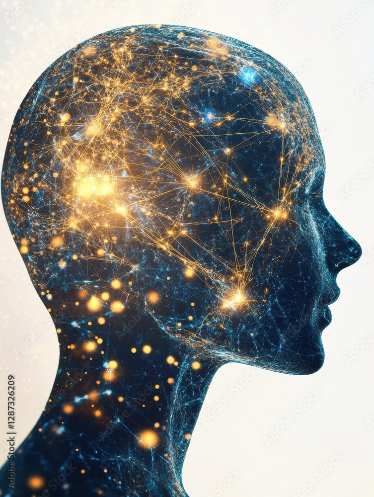 Poster Complex neural connections illuminate the profile of a human head representing artificial intelligence and cybernetic evolution. Generative AI