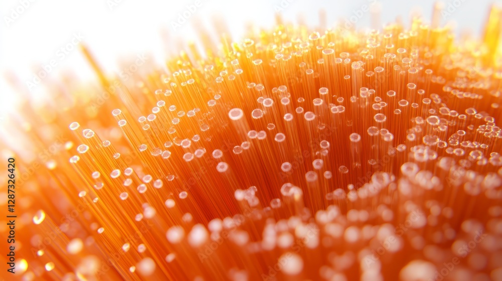Poster 3d illustration of abstract orange optical fiber particles flowing in a dynamic wave pattern, showca