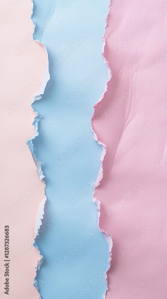 Poster torn pastel paper in pink and blue shades creating a wavy pattern. creative background with textured