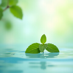 Fresh Green Mint Leaves Floating on Rippling Water with Soft Focus and Pastel Tones for a Calm and Serene Atmosphere