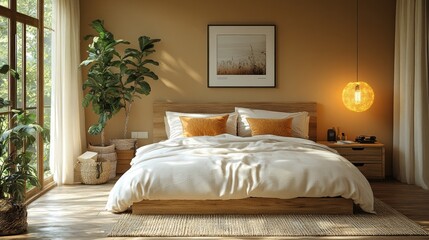 A bedroom in light copper tones, featuring copper-colored walls, beige bedding, natural wooden furniture, soft glowing light, and minimalist decor for a cozy vibe