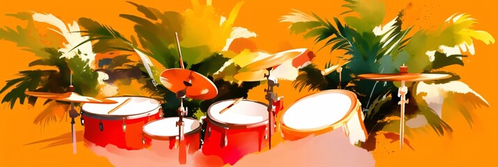 Drum set illustration against palm trees and orange sunset background. Musical instrument art concept for jazz, rock or live concert poster with modern tropical style