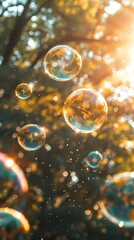 Forest tree sunshine soap bubbles poster background