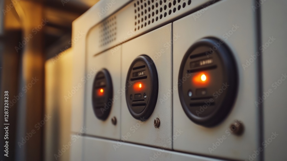 Wall mural close-up of illuminated control panel with circular buttons and indicators.