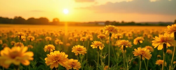 Fototapeta premium Marigold field in late afternoon with warm light, natural, marigold field, sunset
