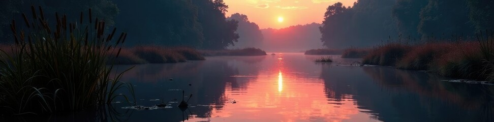 Fototapeta premium Riverbank with cattails and reeds in darkness, river, cattails