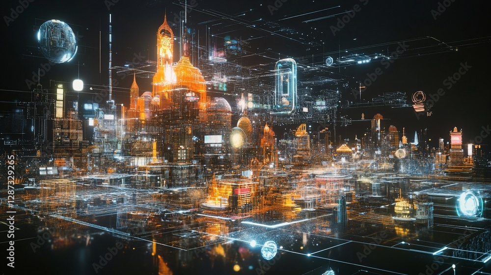 Poster digital metropolis: a futuristic cityscape illuminated with glowing lines and floating spheres