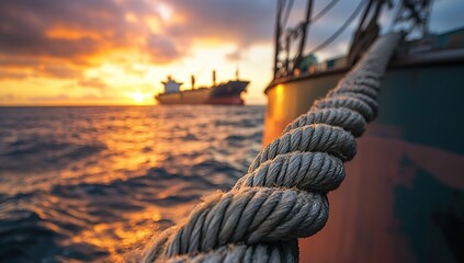 Obraz premium Ocean Vessel's Thick Rope at Sunset: Maritime, Shipping, Cargo, Freight, Transport, Ocean, Sea, Sunrise, Golden Hour, Boats, Vessel, Rope, Knot